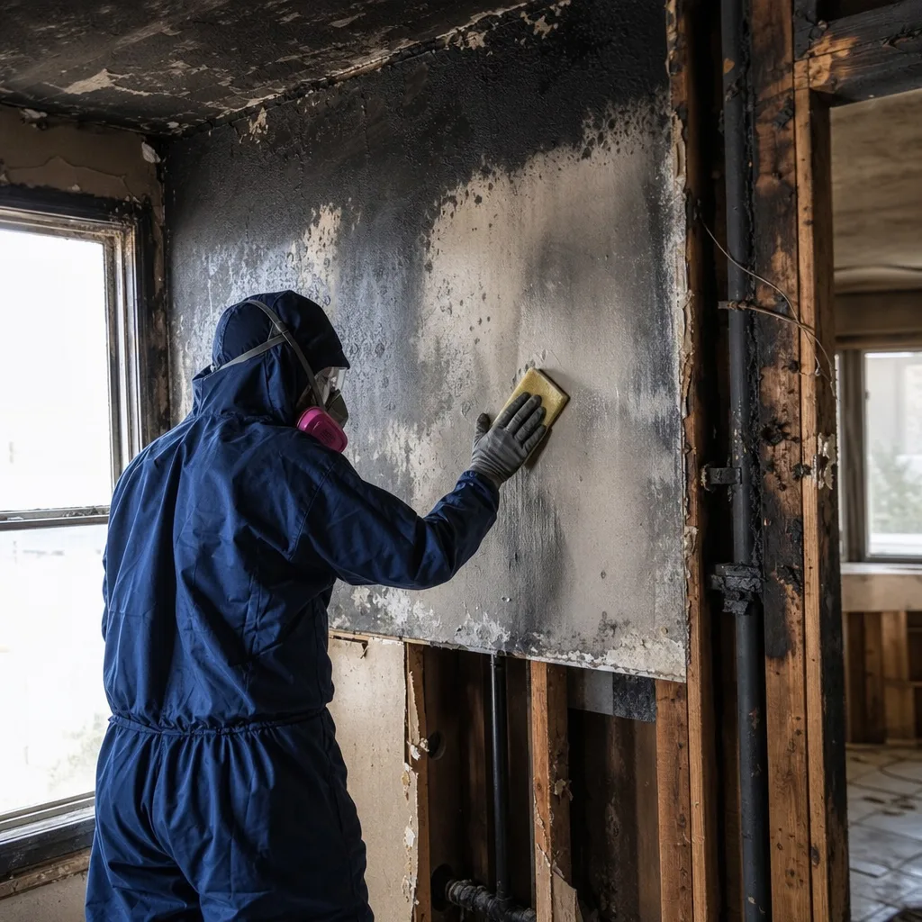 Technician in protective suit cleaning soot from fire-damaged wall