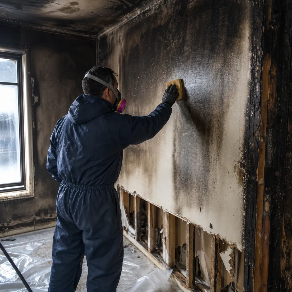 Technician in protective gear cleaning fire and smoke damage on a wall