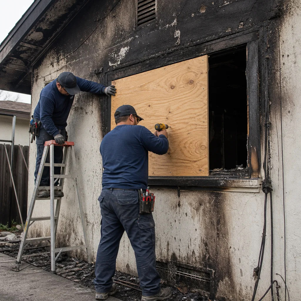 Restoration technicians boarding up window after fire damage