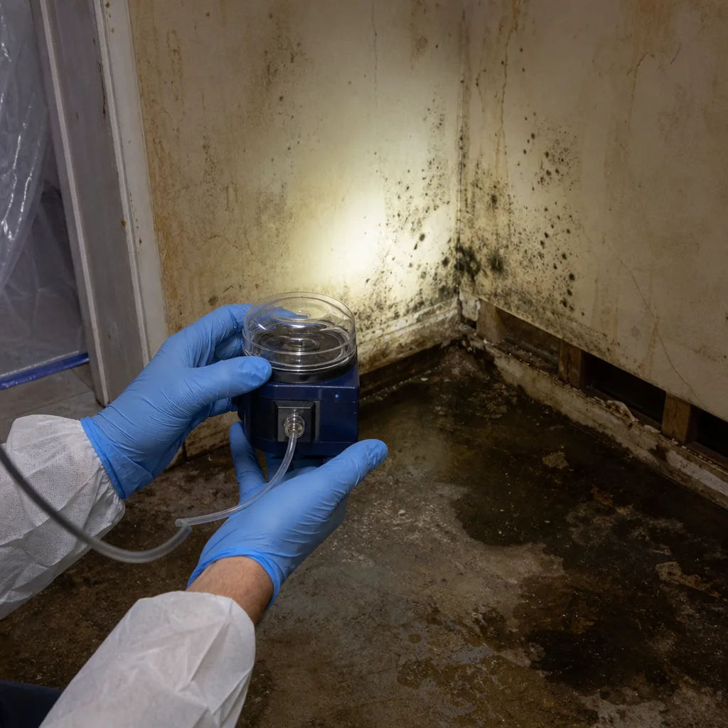 Technician performing professional mold air quality testing in a damaged home