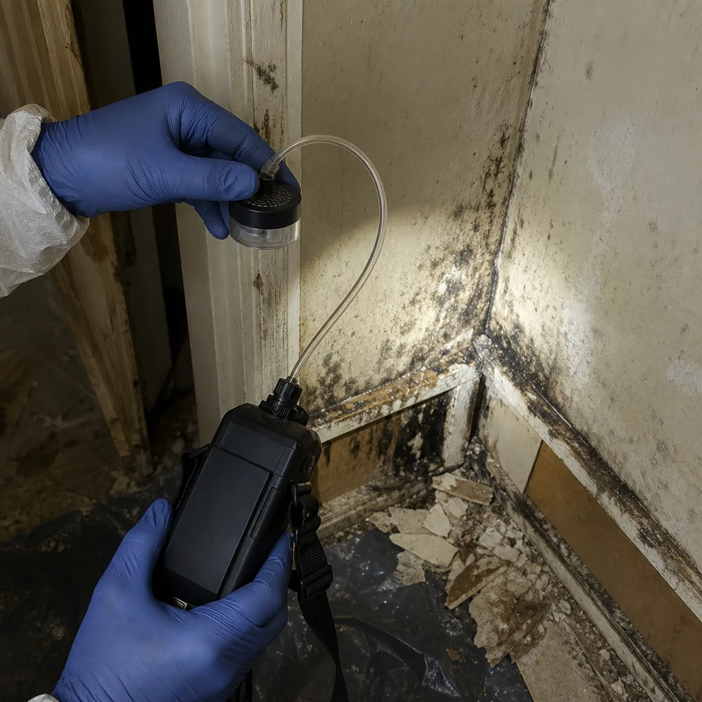 Technician using professional air quality testing equipment for residential mold inspection.
