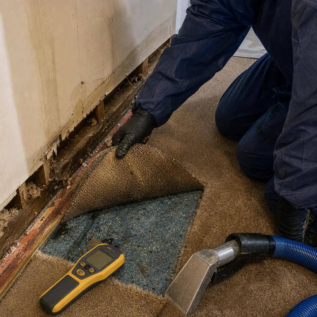 Water damage restoration professional inspecting wet carpet with moisture meter