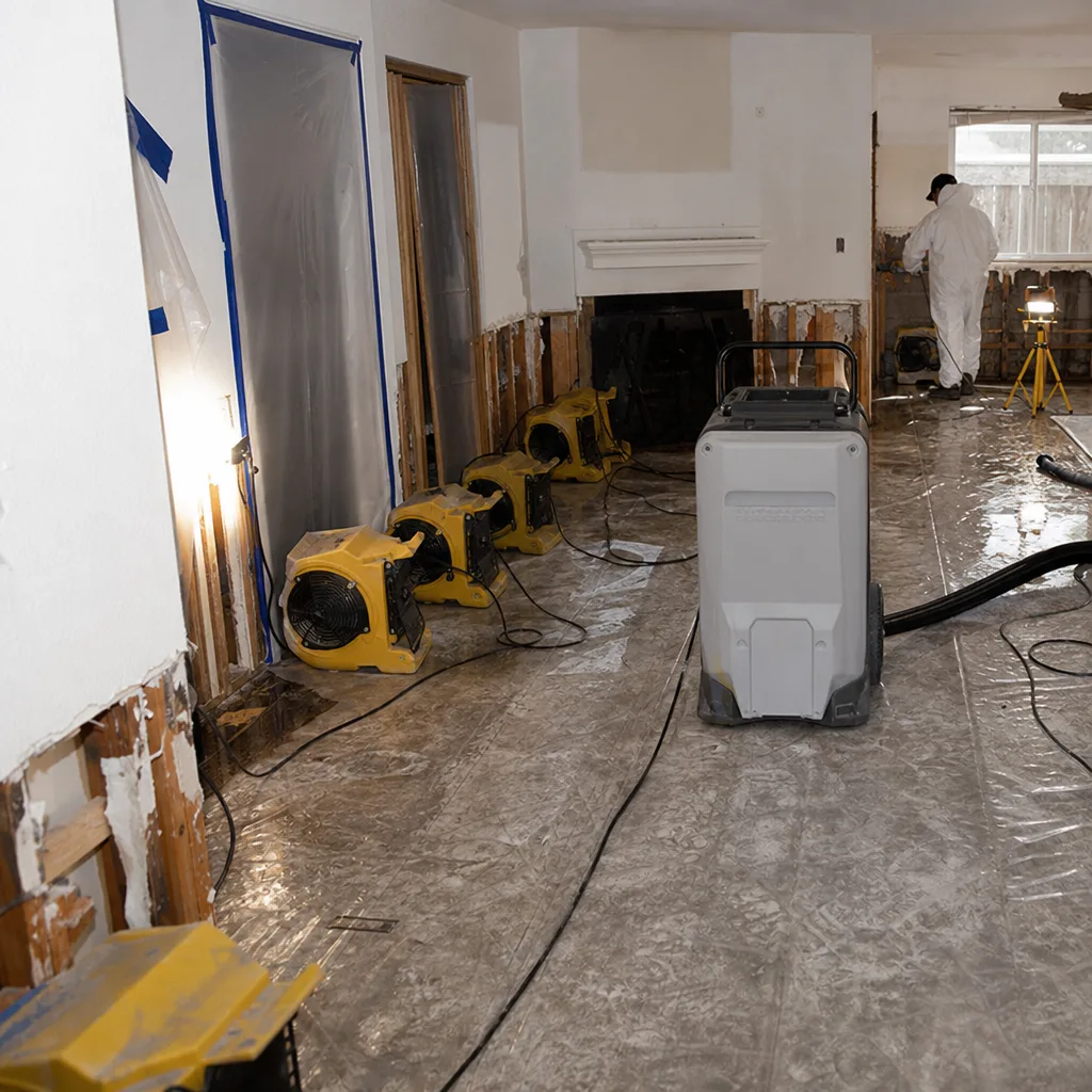 Water damage restoration professional using drying equipment in a damaged home